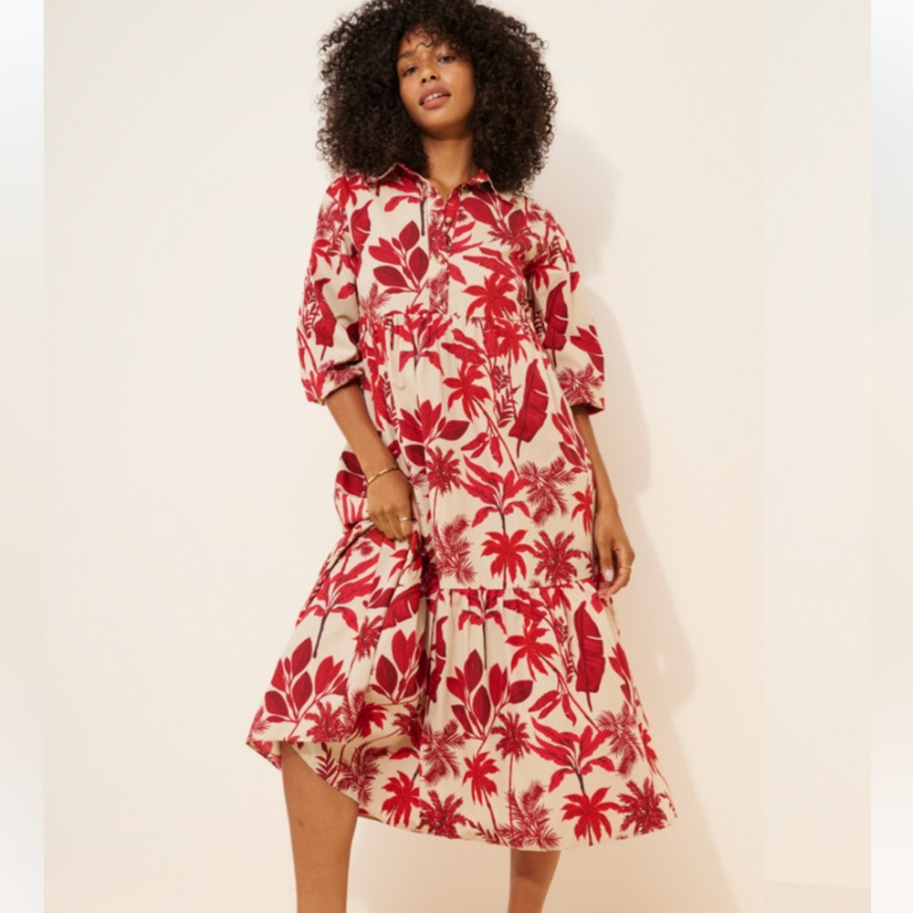ANTHROPOLOGIE The Bettina Tiered Shirt Dress Midi Red Multi Tropical Print XS